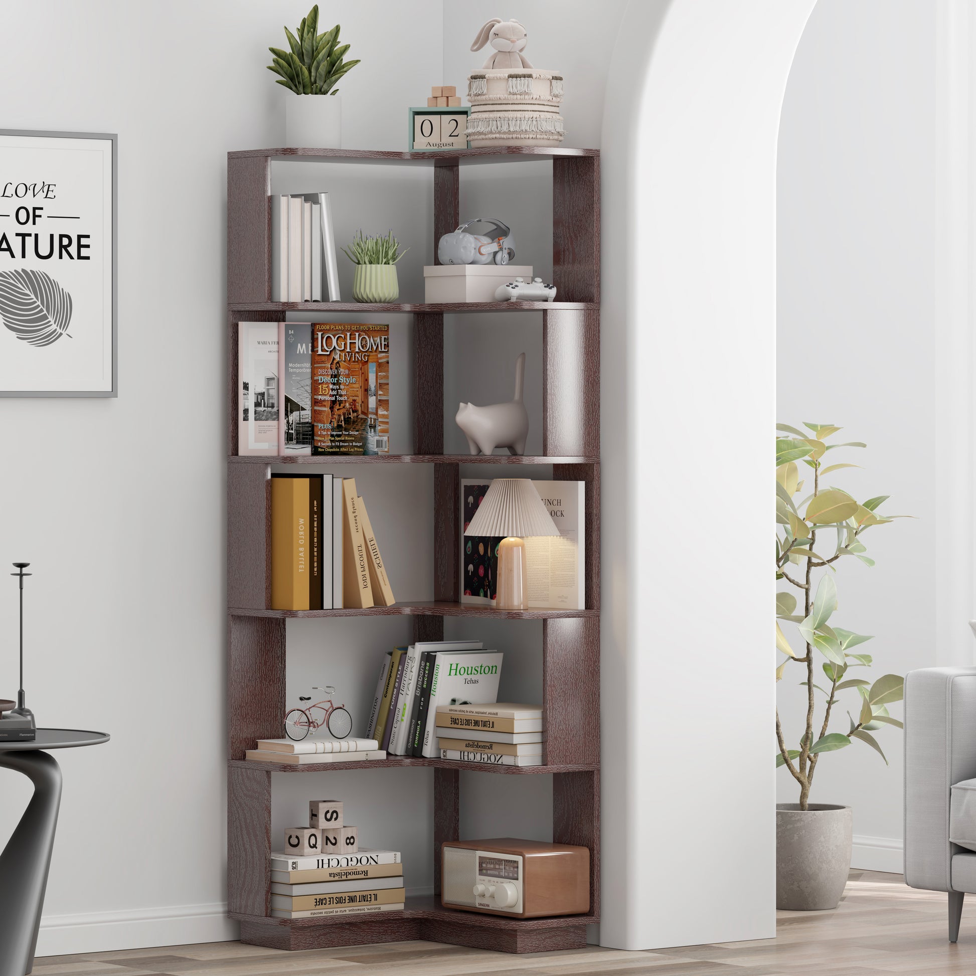 6-Tier L-Shaped Corner Bookshelf | Freestanding Wood Display Shelf with Anti-Drop Panels & Anti-Tip Device — 5 Colors Ox Blood Red