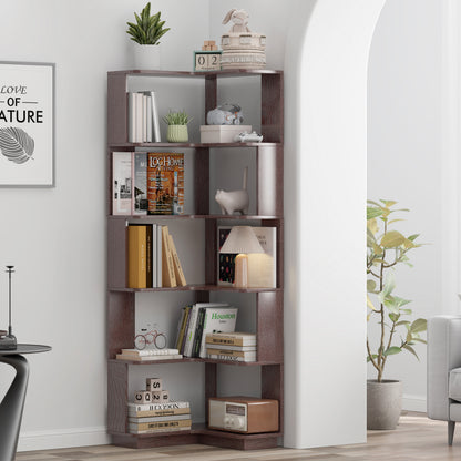 6-Tier L-Shaped Corner Bookshelf | Freestanding Wood Display Shelf with Anti-Drop Panels & Anti-Tip Device — 5 Colors Ox Blood Red
