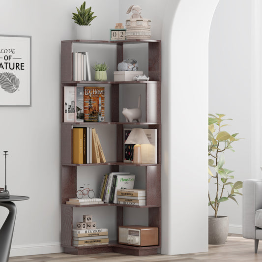 6-Tier L-Shaped Corner Bookshelf | Freestanding Wood Display Shelf with Anti-Drop Panels & Anti-Tip Device — 5 Colors