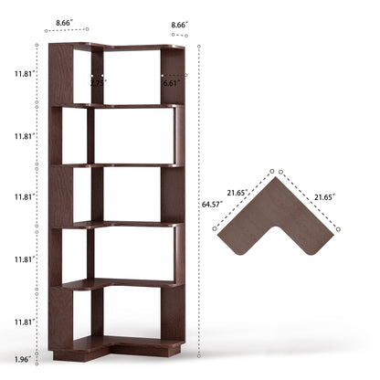 6-Tier L-Shaped Corner Bookshelf | Freestanding Wood Display Shelf with Anti-Drop Panels & Anti-Tip Device — 5 Colors