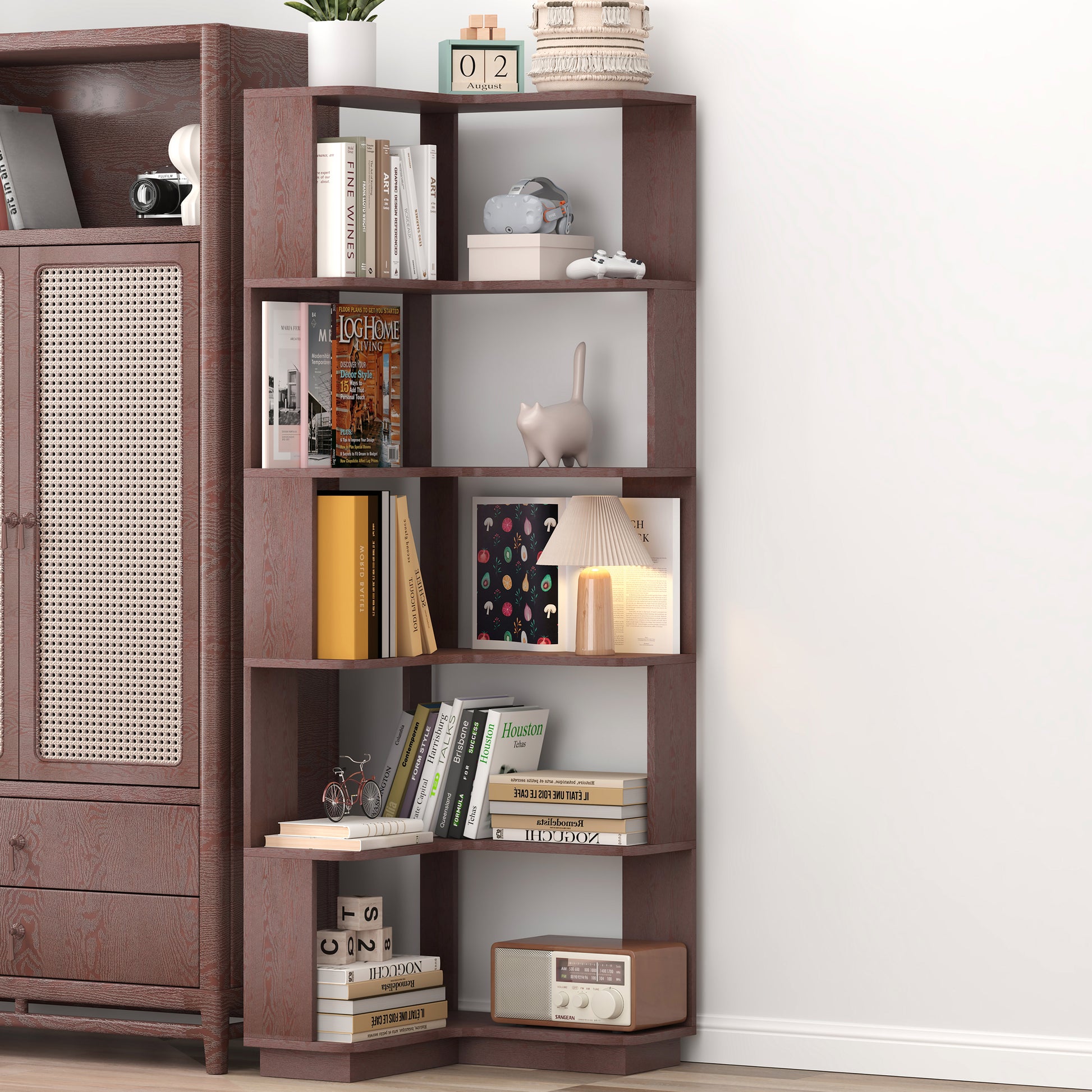 6-Tier L-Shaped Corner Bookshelf | Freestanding Wood Display Shelf with Anti-Drop Panels & Anti-Tip Device — 5 Colors