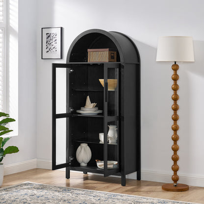 High-Arched Storage Cabinet with LED Light Modern Retro Wood Glass Display Cabinet with Adjustable Shelves Black