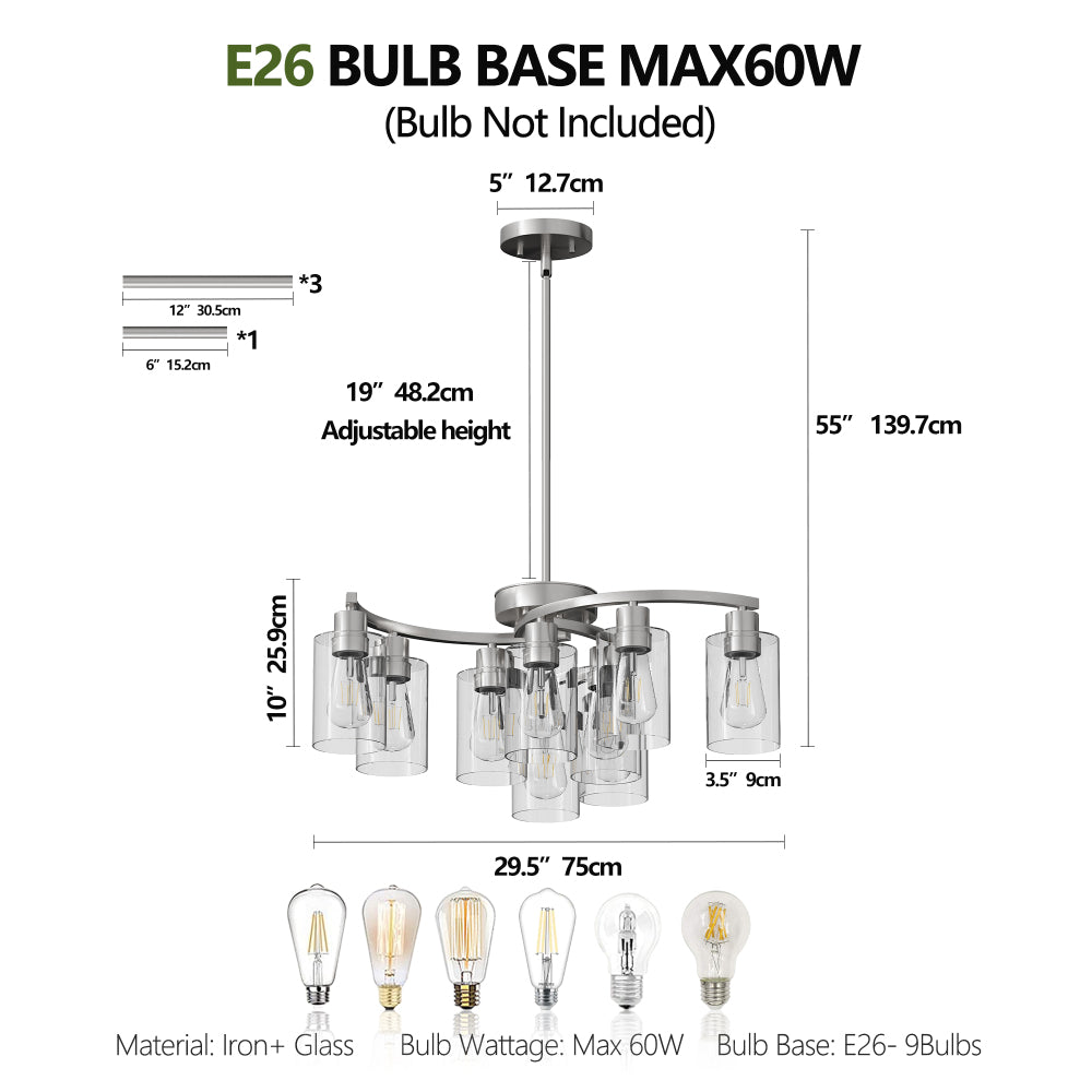 Modern Farmhouse chandelier technical diagram showing dimensions, E26 bulb base (max 60W), adjustable height, iron and glass construction.