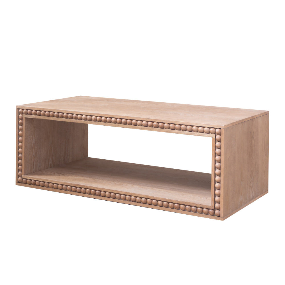 Rustic Beaded Edge Coffee Table with Open Storage Shelf | 47.6" Farmhouse Center Table — Natural Wood Finish
