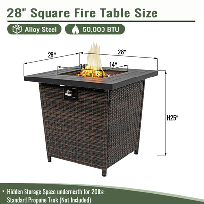 28" Square Propane Fire Pit Table | 50,000 BTU Wicker & Steel Fire Table with Decorative Stones & Steel Lid — Black