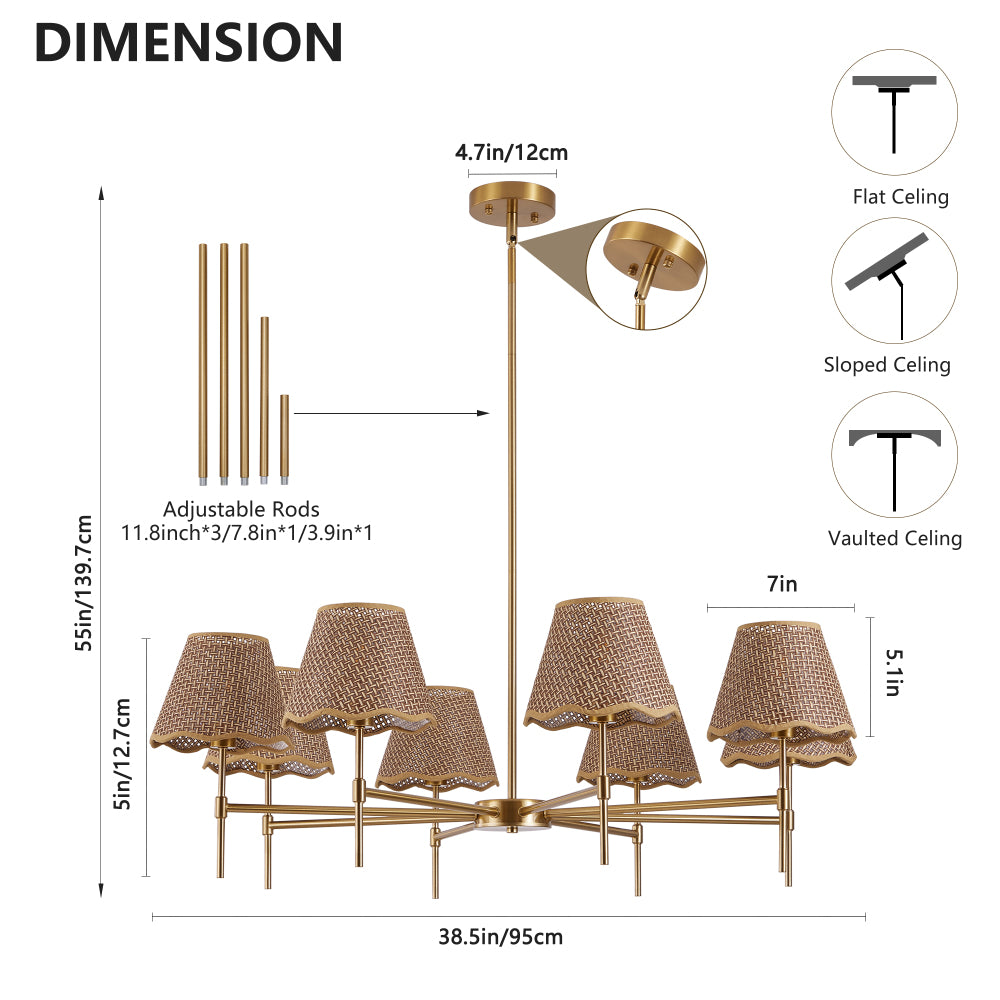 Dimension diagram of 38.6-inch gold boho rattan chandelier showing adjustable rods, overall size, and ceiling compatibility
