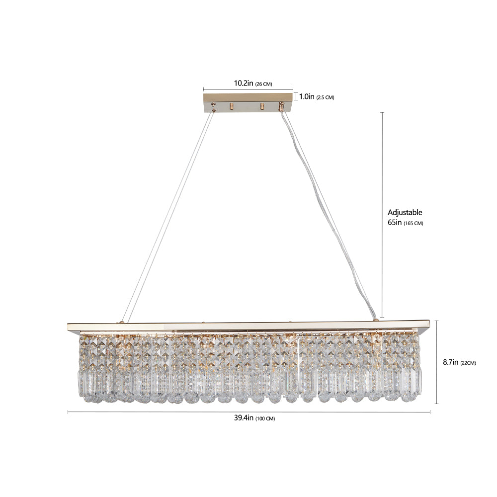39.4-inch rectangular crystal raindrop chandelier with gold frame, 8 lights, adjustable up to 65 inches, featuring cascading crystal drops.
