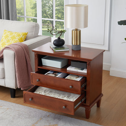 Farmhouse Nightstand with Charging Station | 2 Drawers & Open Shelf | Fluted Side Table with Solid Wood Legs