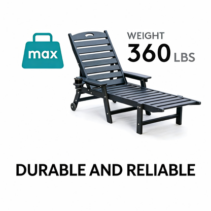 HDPE Chaise Lounge Chair | 4-Position Adjustable Outdoor Pool Lounger with Wheels & Cup Holder, 360 lb Capacity — Black