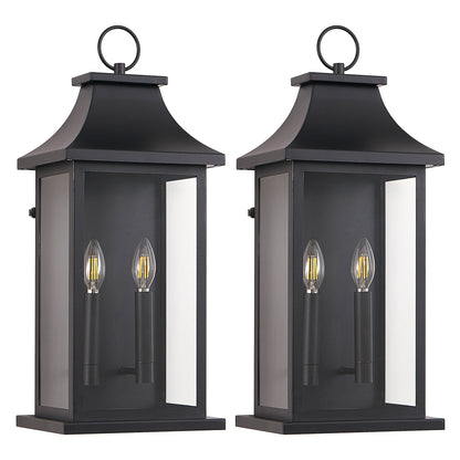 22.2" Dusk-to-Dawn Outdoor Wall Lantern | 2-Light Large Black Exterior Sconce with Glass — Waterproof Porch, Garage & House Light 1-2 Pack