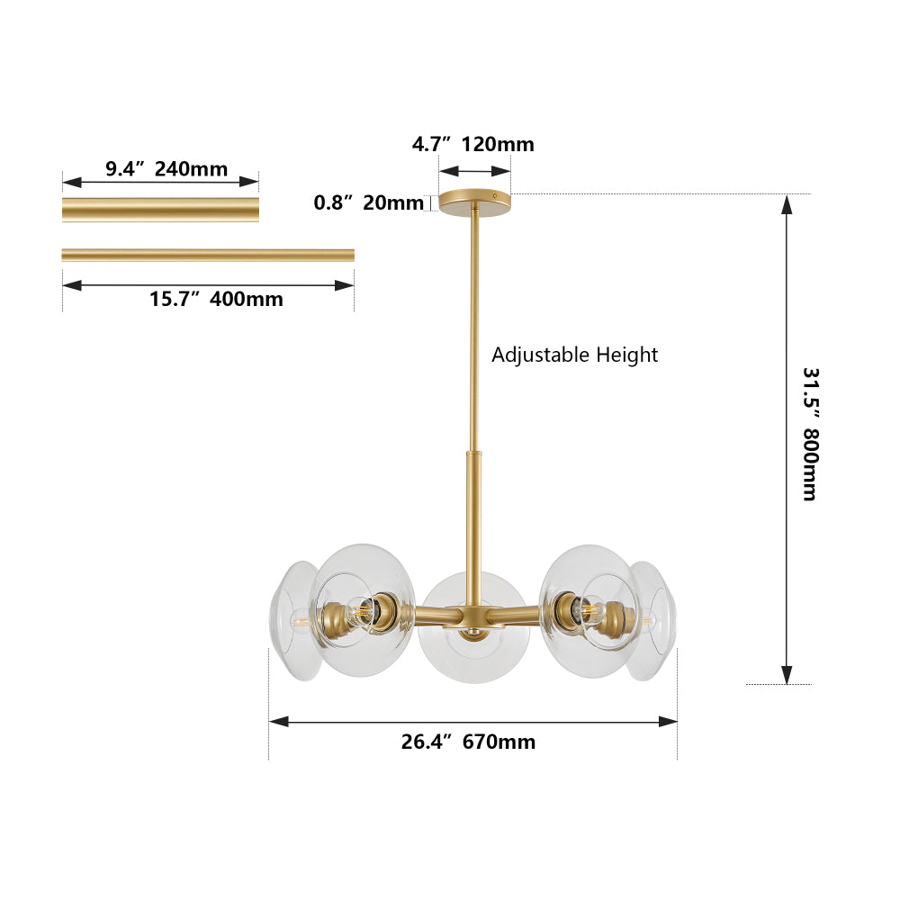 Gold sputnik chandelier dimensions diagram showing 26.4" width, 31.5" height, adjustable rod, and clear glass shade measurements