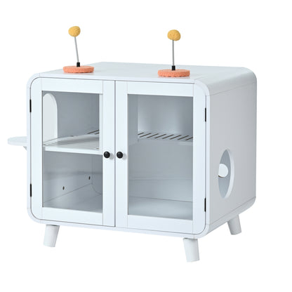Hidden Cat Litter Box Cabinet – RGB LED, Glass Doors, Litter Walkway & Pom-Pom Toys, White