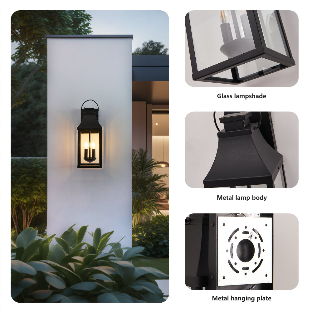 20" Dusk-to-Dawn Outdoor Wall Light | 2-Light Black Waterproof Porch Sconce with Tempered Glass — Garage, Patio & Front Door (1 or 2 Pack)