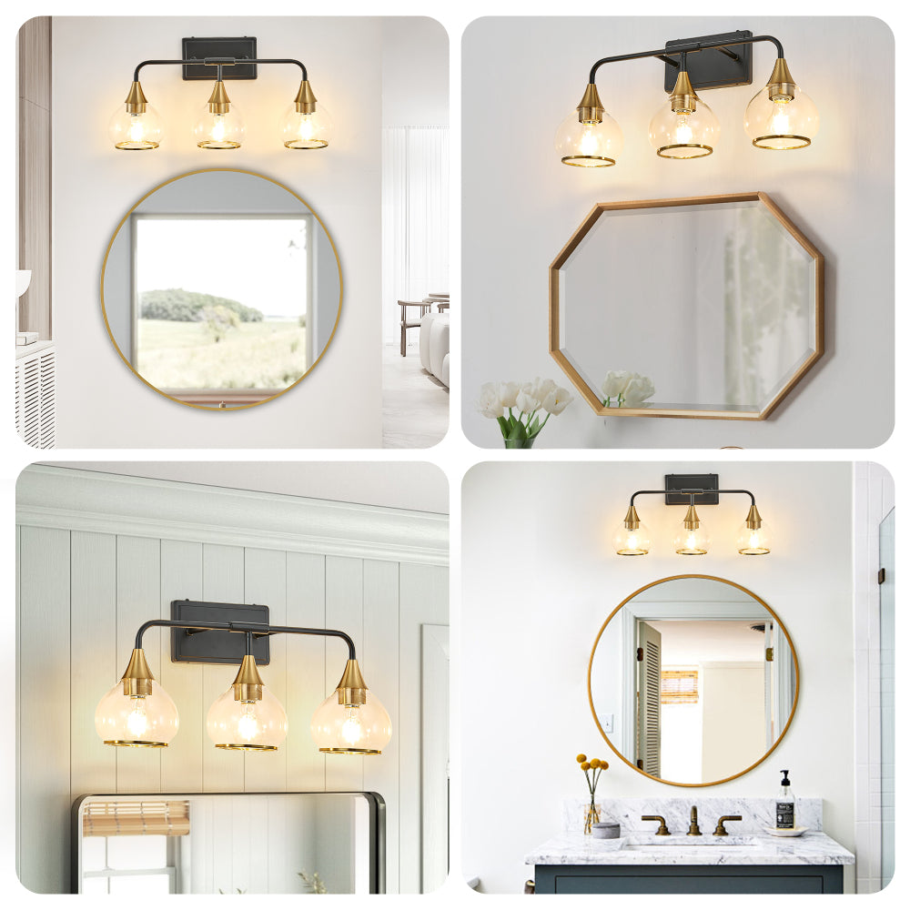 Black and gold 3-light vanity wall sconce installed in multiple bathroom settings with round, octagonal, and rectangular mirrors.