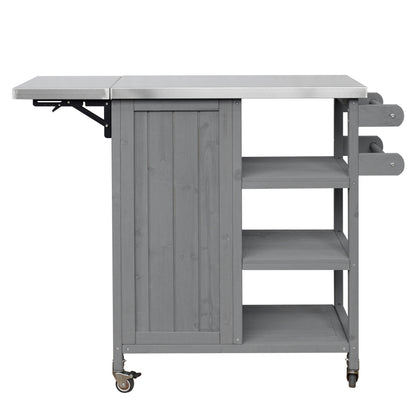 Foldable Outdoor Kitchen Island with Stainless Steel Top | Rolling Cart with Storage Cabinet, Open Shelves & Towel Rack — Grey