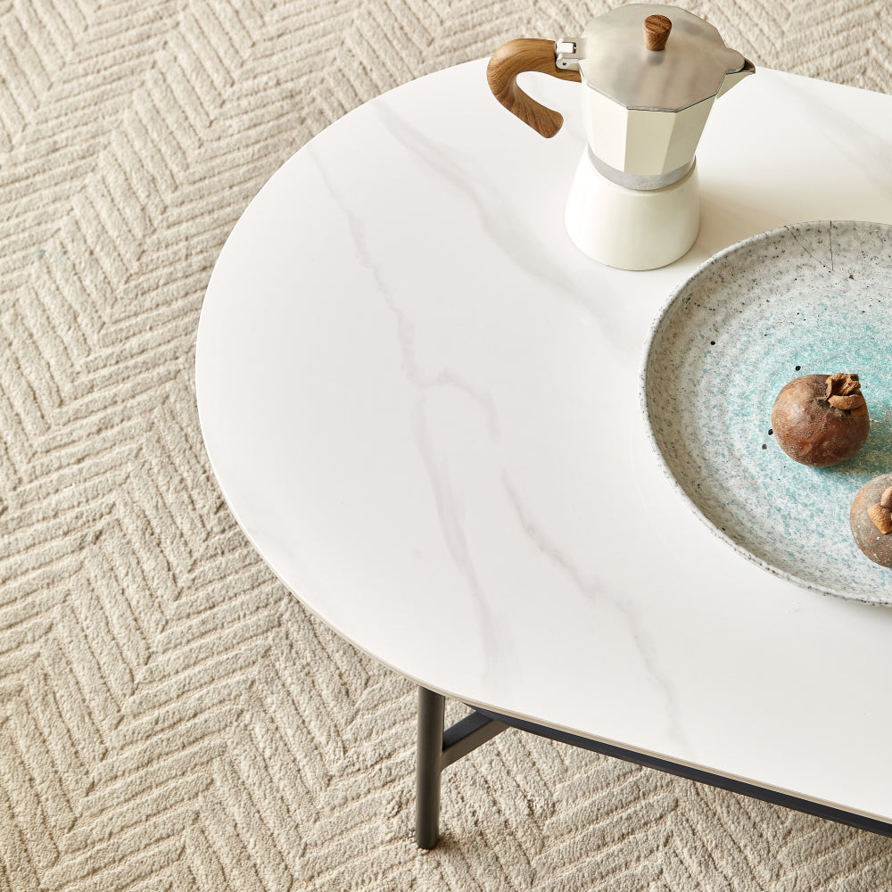 Ceramic Sintered Stone Coffee Table with Walnut Shelf | 47" Double-Layer Living Room Center Table — White & Coffee Brown