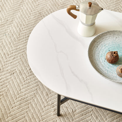 Ceramic Sintered Stone Coffee Table with Walnut Shelf | 47" Double-Layer Living Room Center Table — White & Coffee Brown