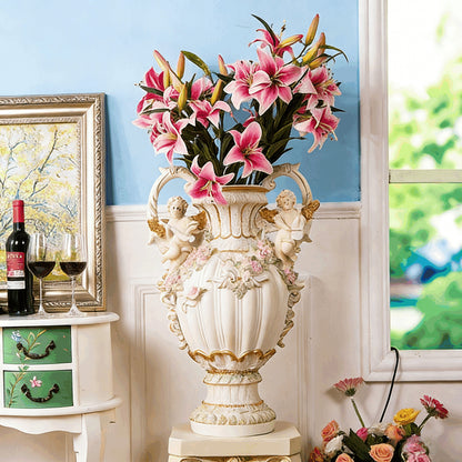 28.35" European Angel Cupid Floor Vase | Baroque Resin Decorative Vase with Gold Trim & Cherub Handles — Luxury Home Decor