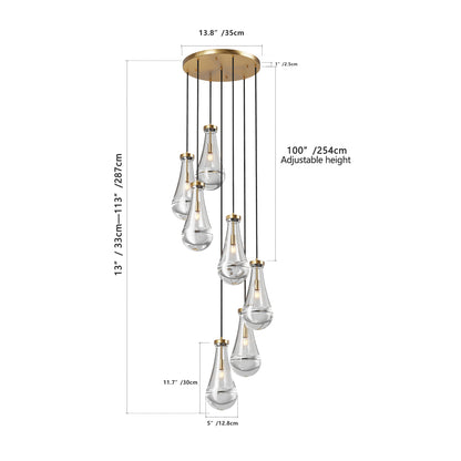 7-light raindrop cluster pendant chandelier with gold finish, clear hand-blown glass drops, adjustable height up to 100 inches