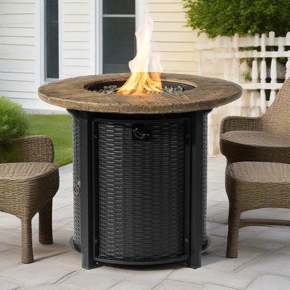 30" Propane Fire Pit Table | 50,000 BTU Round Steel Fire Pit with Wood-Grain Finish & Glass Stones