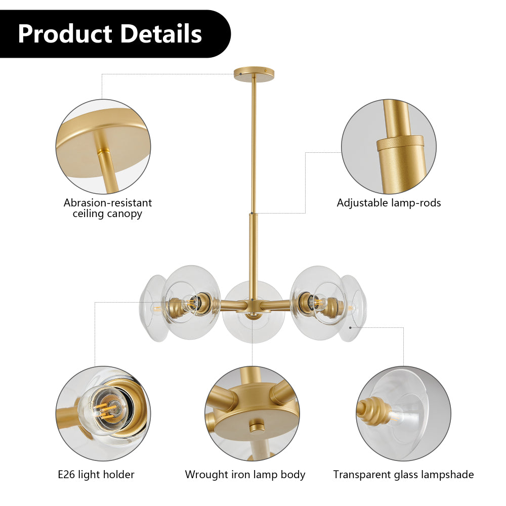 Gold sputnik chandelier product details highlighting abrasion-resistant ceiling canopy, adjustable lamp-rods, E26 light holder, wrought iron body, and transparent glass lampshades