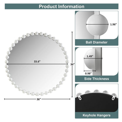 Round Beaded Iron Frame Wall Mirror – Antique Metallic Finish, 27" or 36", 4 Colors