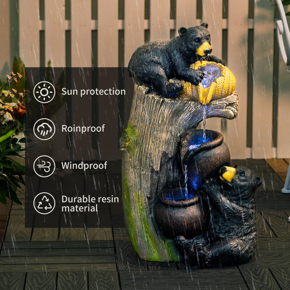 Bear Outdoor Water Fountain with LED Lights | 23.62" Cascading Garden Fountain with Climbing Bear Design — Patio, Yard & Balcony