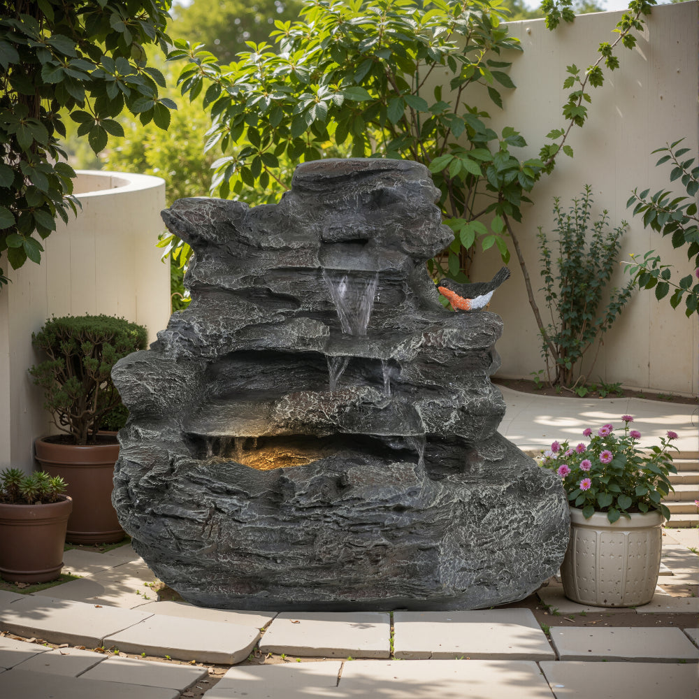 4-Tier Concrete Rock Waterfall Fountain with LED Lights | 20.8" Outdoor Garden Fountain with Adjustable Flow