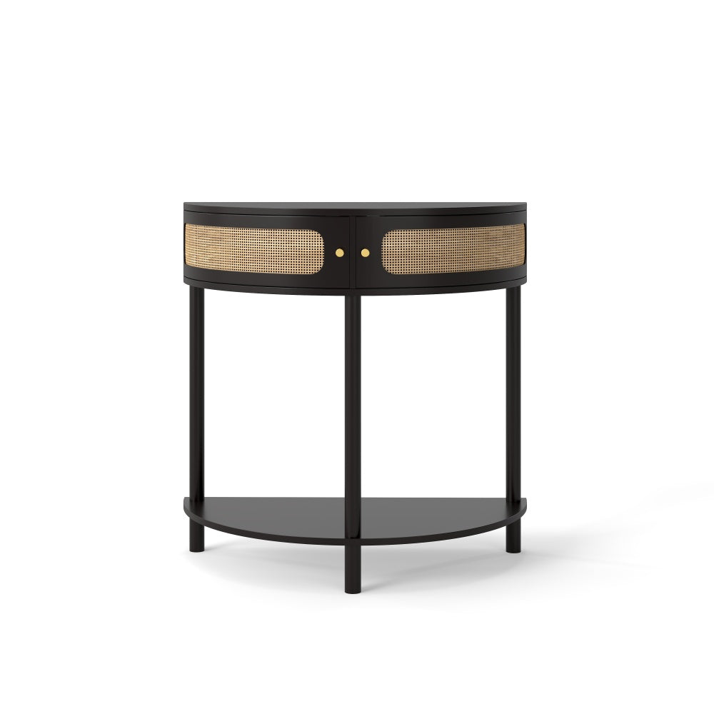 Half-Moon Console Table with Rattan Sliding Doors | Boho Semicircle Entryway Table with 2 Storage Cabinets & Bottom Shelf