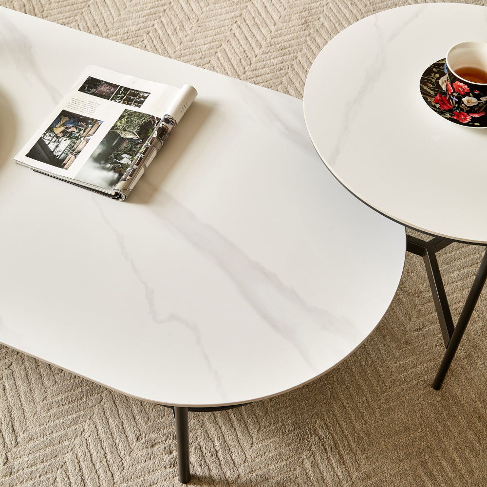 Ceramic Sintered Stone Coffee Table with Walnut Shelf | 47" Double-Layer Living Room Center Table — White & Coffee Brown