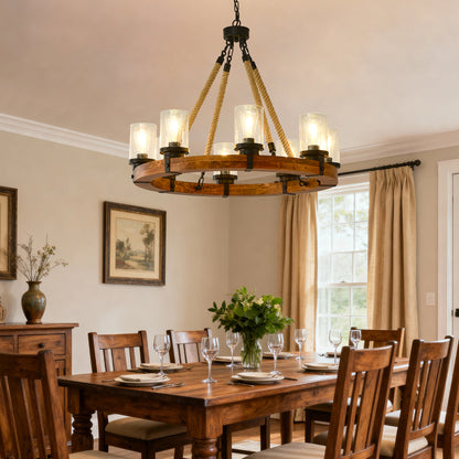 8-Light Rustic Wagon Wheel Chandelier | 31" Wood Frame & Seeded Glass, Farmhouse Industrial Pendant