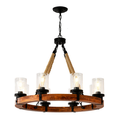 8-Light Rustic Wagon Wheel Chandelier | 31" Wood Frame & Seeded Glass, Farmhouse Industrial Pendant