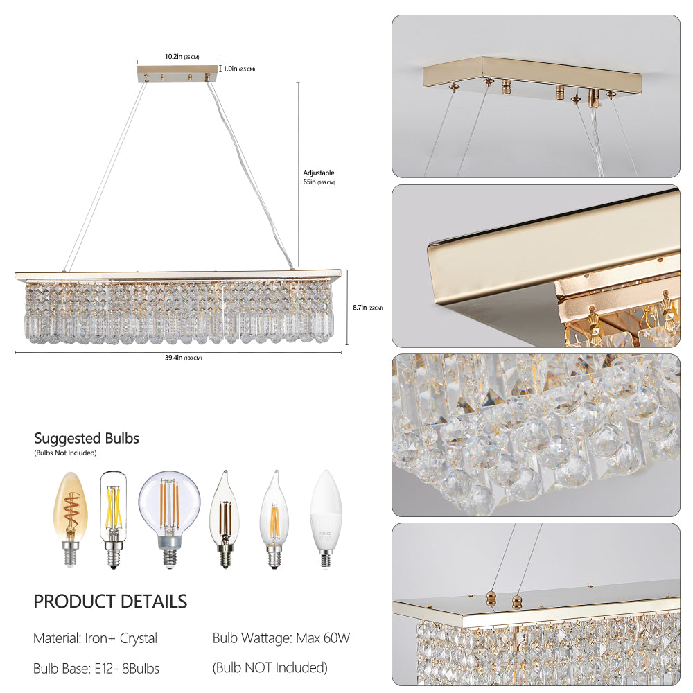 39.4-inch rectangular crystal raindrop chandelier with iron and crystal construction, E12 bulb base (8 bulbs), adjustable height, and detailed crystal design.