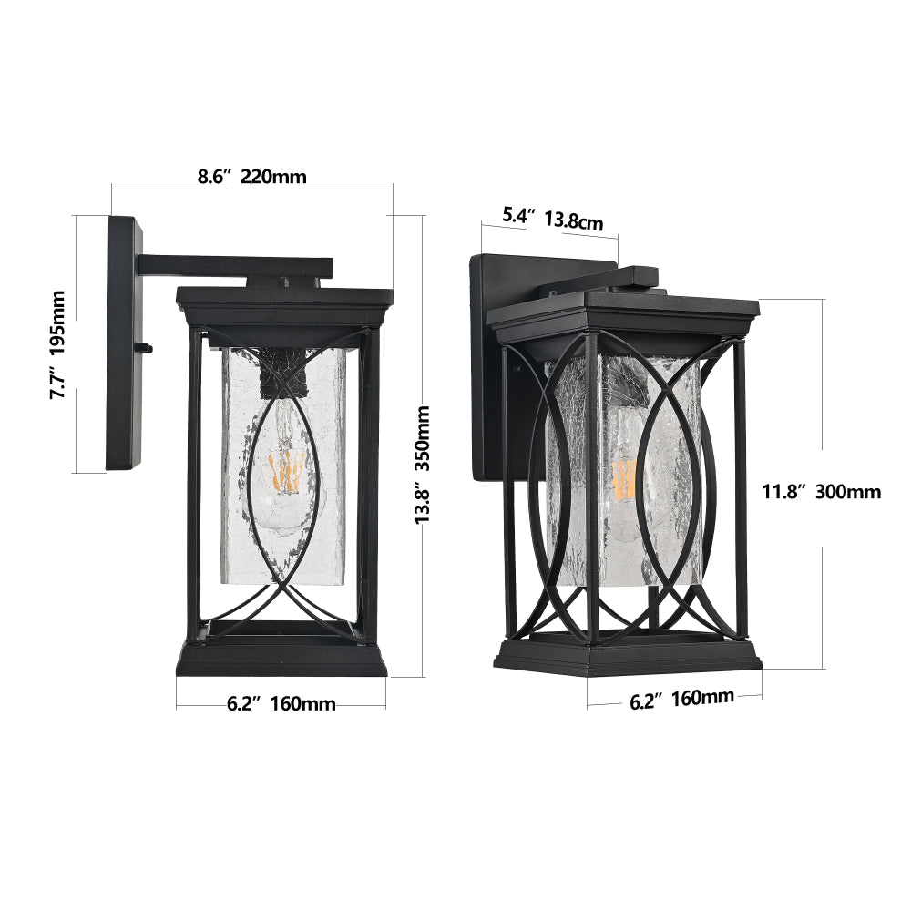 Black Outdoor Wall Lantern with Crackled Glass | 14" Modern Porch Light, E26 Base