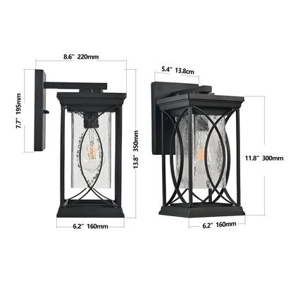 Black Outdoor Wall Lantern with Crackled Glass | 14" Modern Porch Light, E26 Base