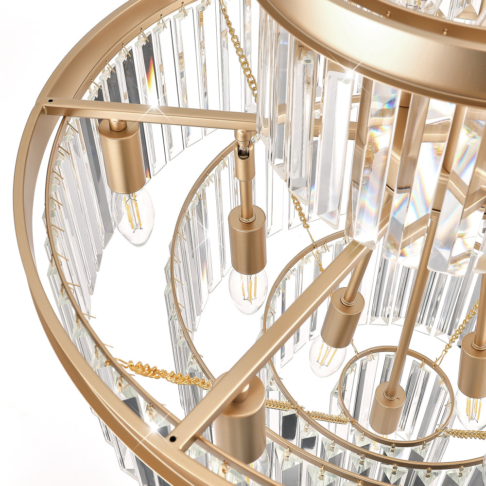 Top-down view of 23.6" 5-tier K9 crystal chandelier with gold frame, displaying crystal prisms and 15-light bulb arrangement.