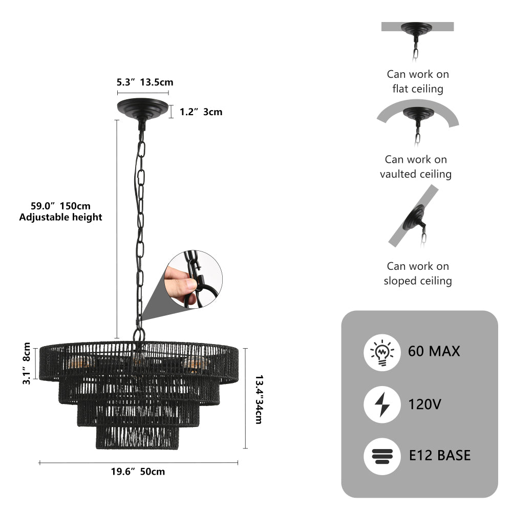 Black rustic hemp rope chandelier with 4-tier design, E12 sockets, adjustable height (59 inches), 19.6 inches wide, compatible with flat, vaulted, and sloped ceilings.