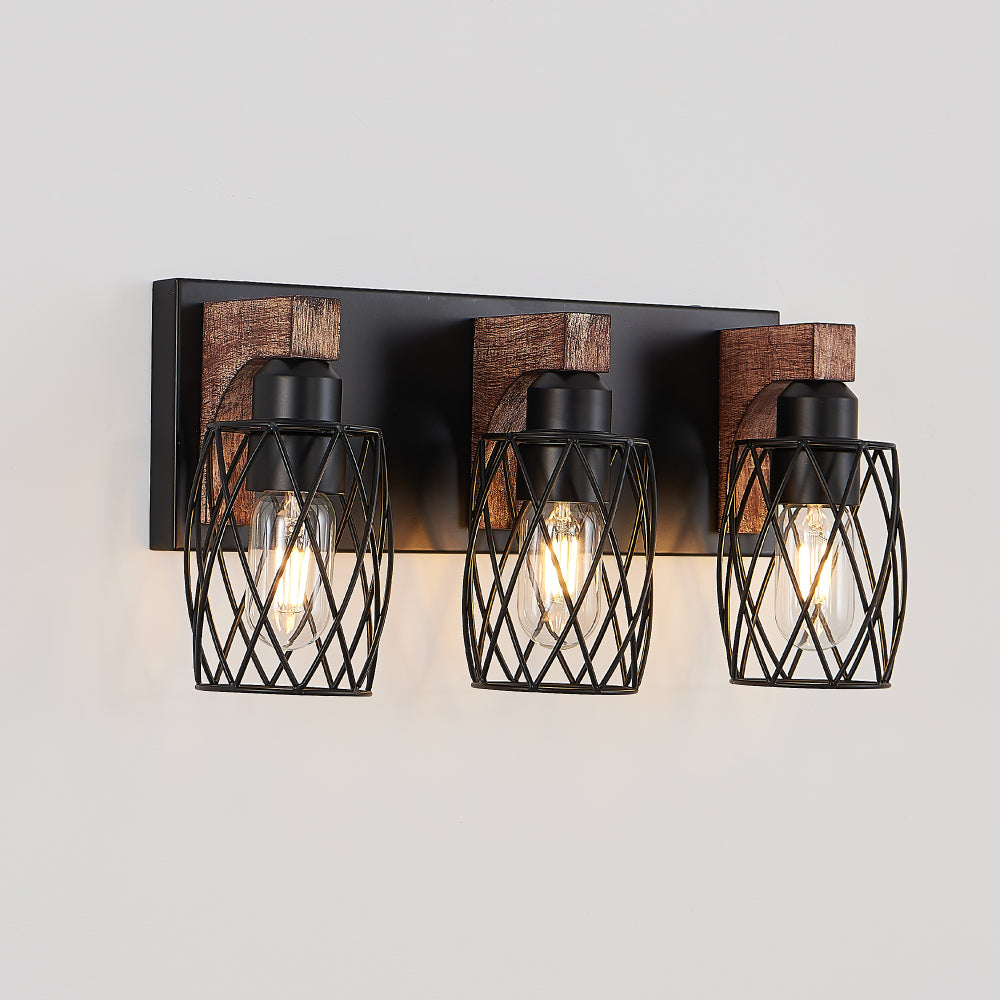 3-light industrial black metal cage wall sconce with wood accents, vintage design featuring black metal cages and wooden backplate.