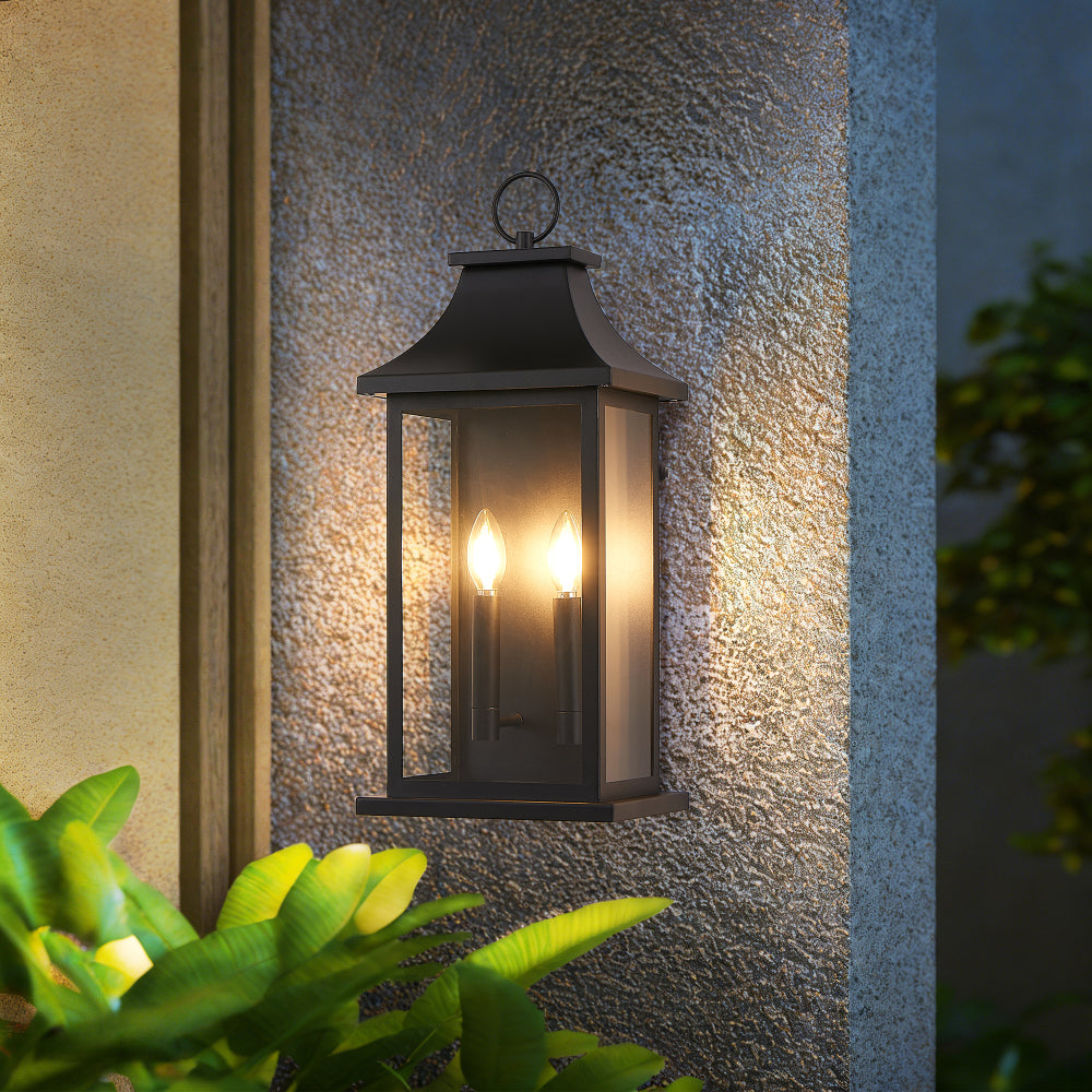 22.2" Dusk-to-Dawn Outdoor Wall Lantern | 2-Light Large Black Exterior Sconce with Glass — Waterproof Porch, Garage & House Light 1-2 Pack