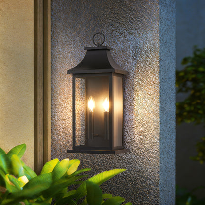 22.2" Dusk-to-Dawn Outdoor Wall Lantern | 2-Light Large Black Exterior Sconce with Glass — Waterproof Porch, Garage & House Light 1-2 Pack