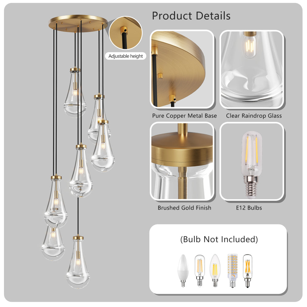 Raindrop cluster pendant chandelier product details: gold finish, clear raindrop glass, pure copper base, adjustable height, E12 bulbs (not included)