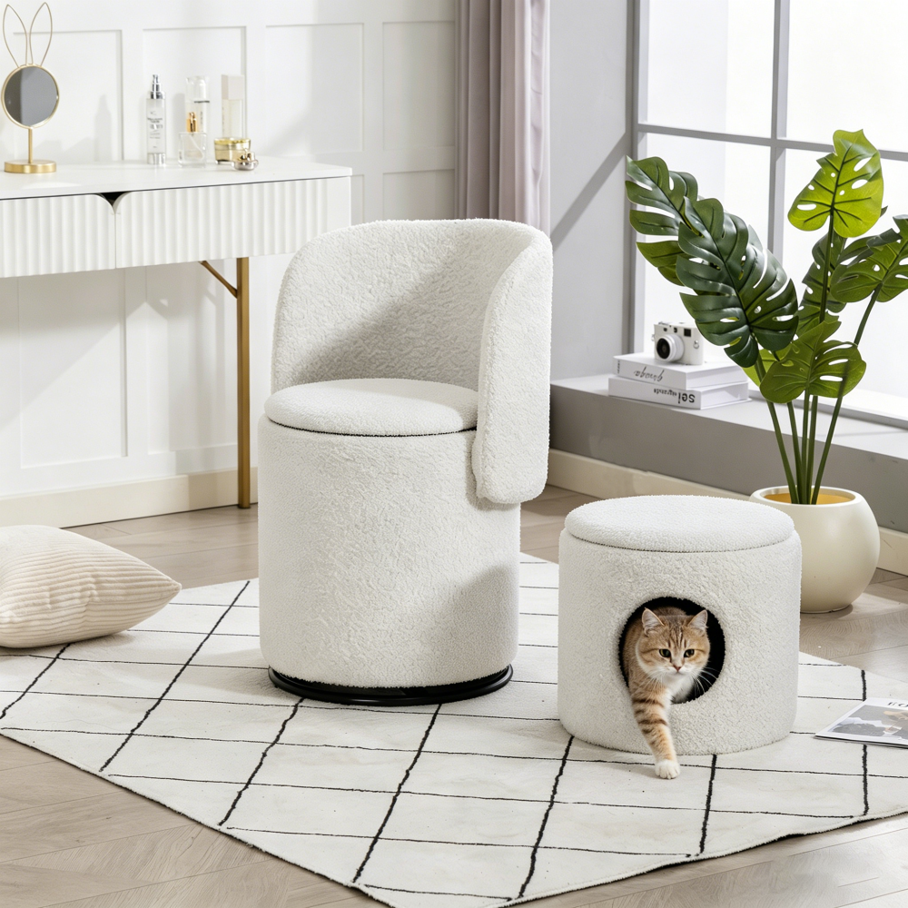 Upholstered Barrel Chair with Storage | 360° Swivel Vanity & Dining Seat, Free Cat Bed Included