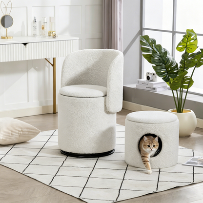 Upholstered Barrel Chair with Storage | 360° Swivel Vanity & Dining Seat, Free Cat Bed Included