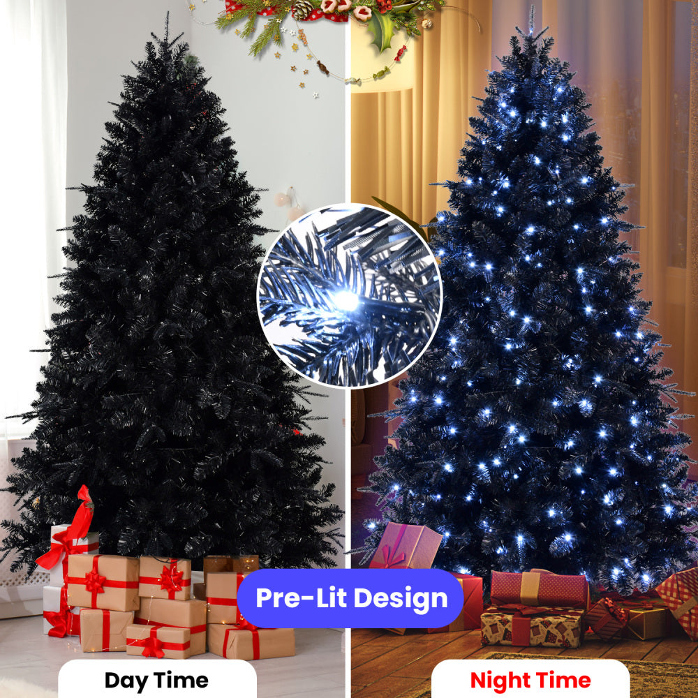 5 FT Black Christmas Tree with 250 White LED Lights | 1076-Tip PE+PVC Pre-Lit Artificial Tree for Halloween & Holiday Decor — Metal Stand Included