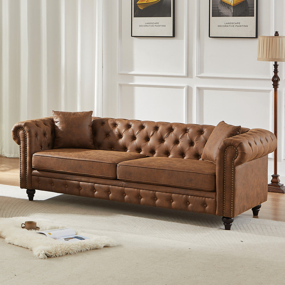 85.5" Chesterfield Sofa 3-Seater | Tech Fabric with Button Tufting, Rolled Arms & Wood Legs — Brown / Black