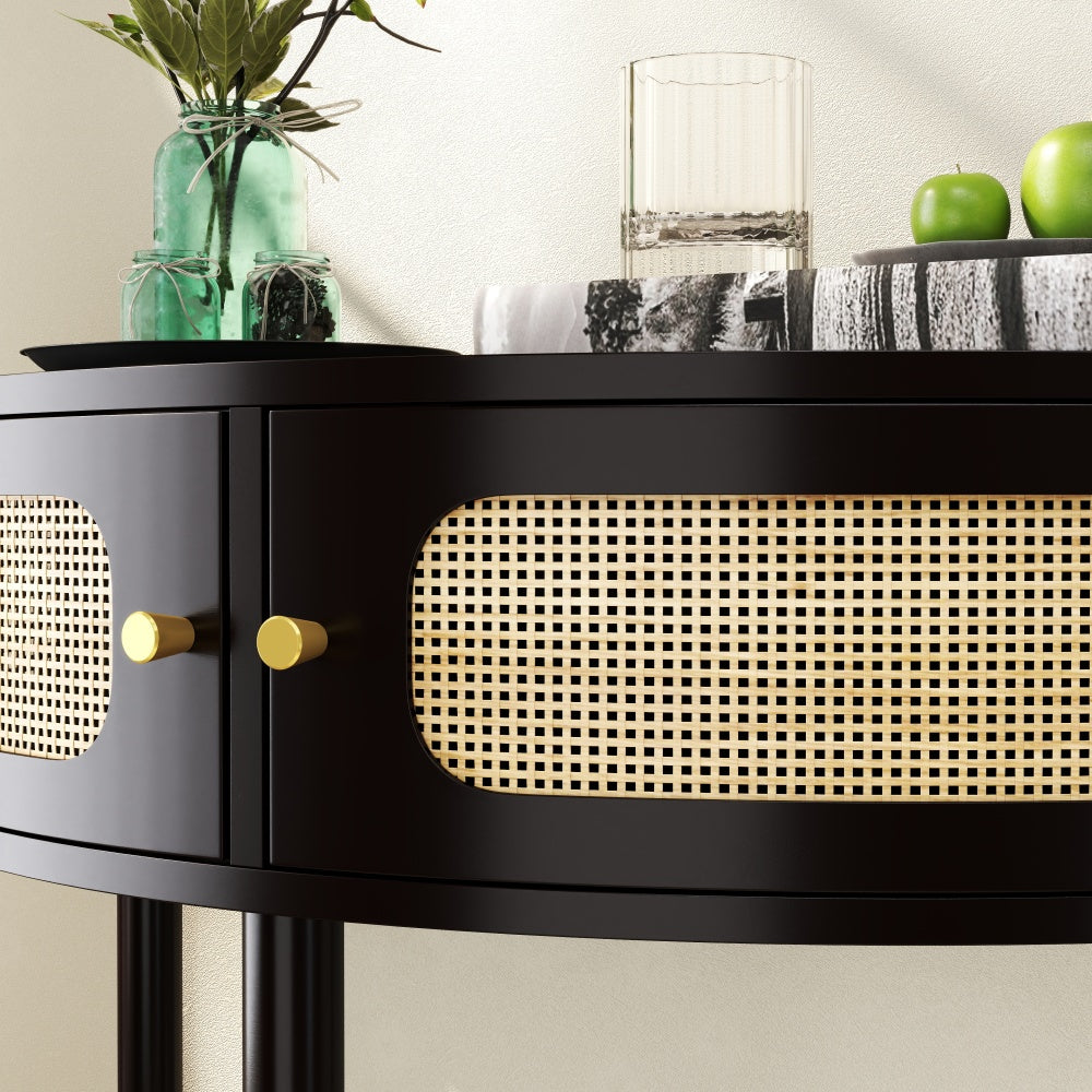 Half-Moon Console Table with Rattan Sliding Doors | Boho Semicircle Entryway Table with 2 Storage Cabinets & Bottom Shelf