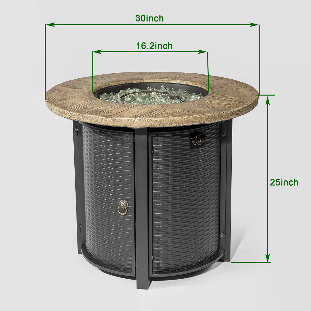 30" Propane Fire Pit Table | 50,000 BTU Round Steel Fire Pit with Wood-Grain Finish & Glass Stones
