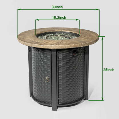 30" Propane Fire Pit Table | 50,000 BTU Round Steel Fire Pit with Wood-Grain Finish & Glass Stones
