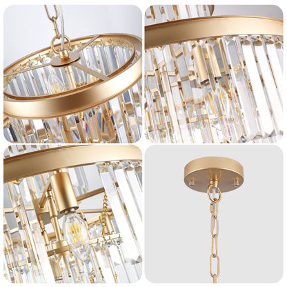 Close-up collage of 23.6" 5-tier K9 crystal chandelier with gold frame, featuring crystal prisms, light bulbs, and ceiling mount details.