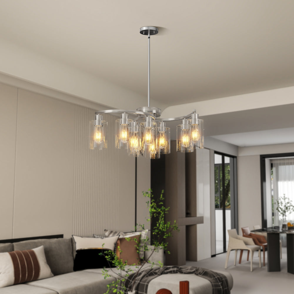 Modern Farmhouse 6-light chandelier in chrome finish with clear glass shades, adjustable height, dimmable, suitable for dining room or kitchen island.